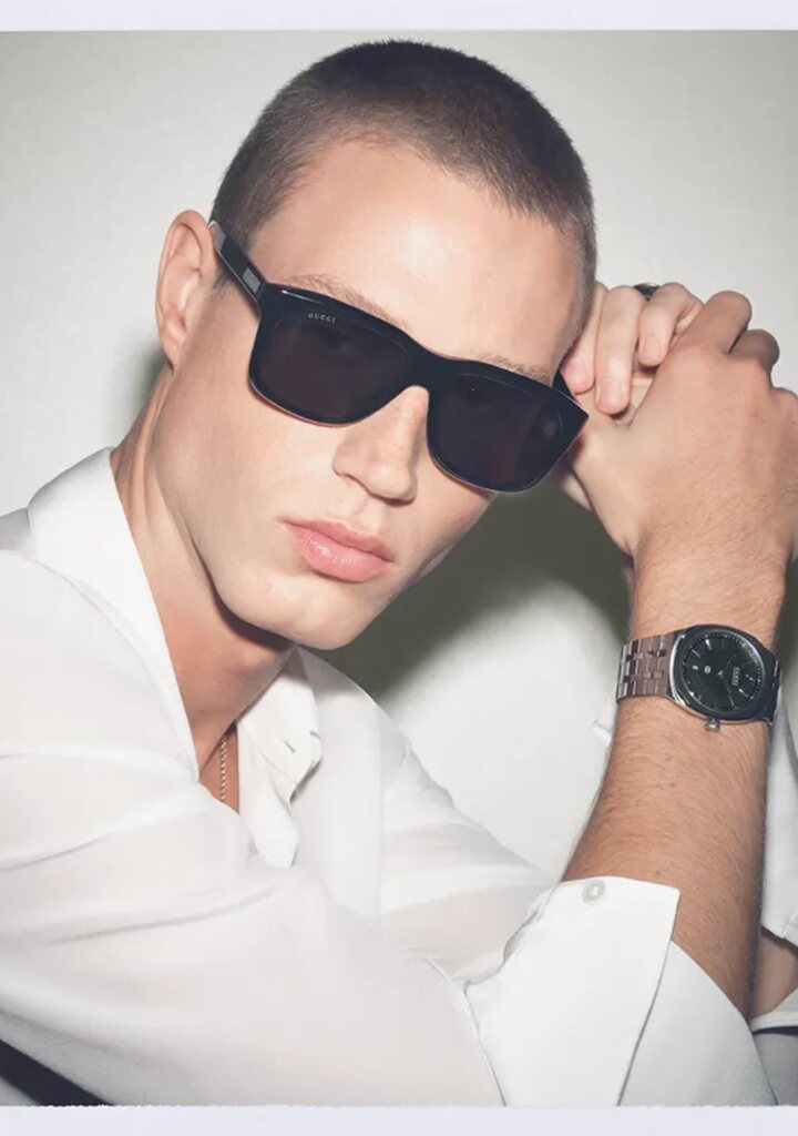 Gucci ανδρικά γυαλιά ηλίου — μαύρο oversized rectangular σχήμα, συλλογή La Famiglia 2026, Eye-Shop